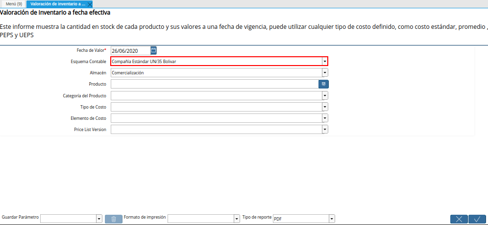 Campo Esquema Contable de la Ventana Valoración de Inventario a Fecha Efectiva