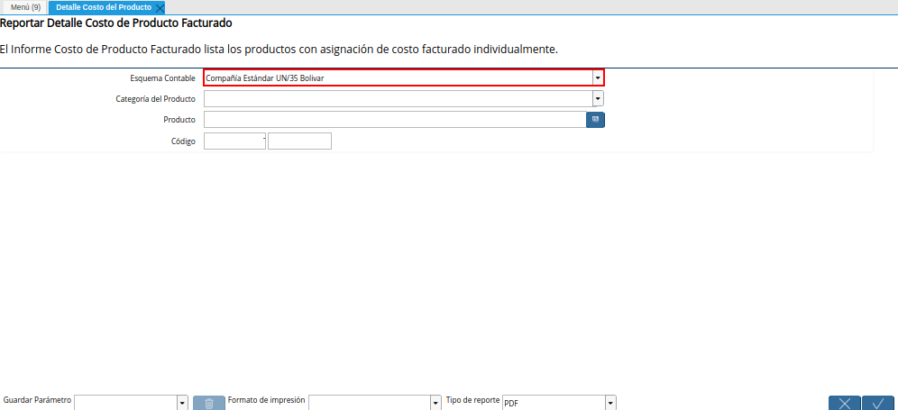 Campo Esquema Contable de la Ventana Detalle Costo del Producto