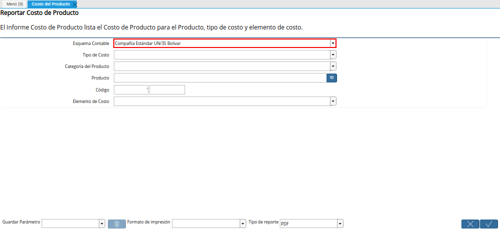 Campo Esquema Contable de la Ventana del Reporte Costo del Producto