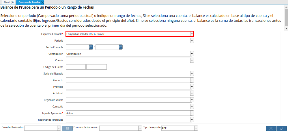 Campo Esquema Contable de la Ventana Balance de Prueba