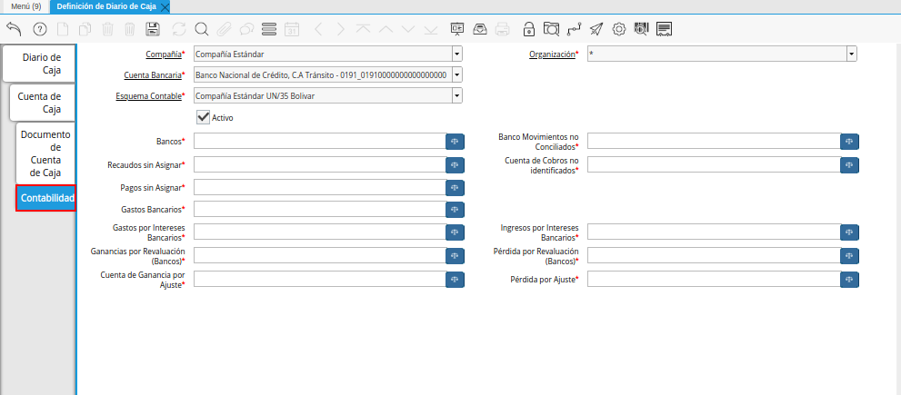 Pestaña Contabilidad de la Ventana Definición de Diario de Caja