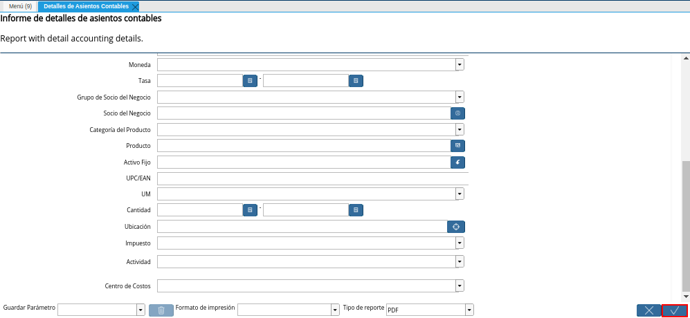 Opción OK de la Ventana Detalles de Asientos Contables