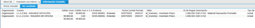 Asiento Contable de la Ventana Inventario Uso Interno