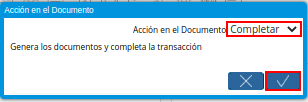 Acción Completar y Opción OK de la Ventana Documentos por Pagar desde Orden de Compra