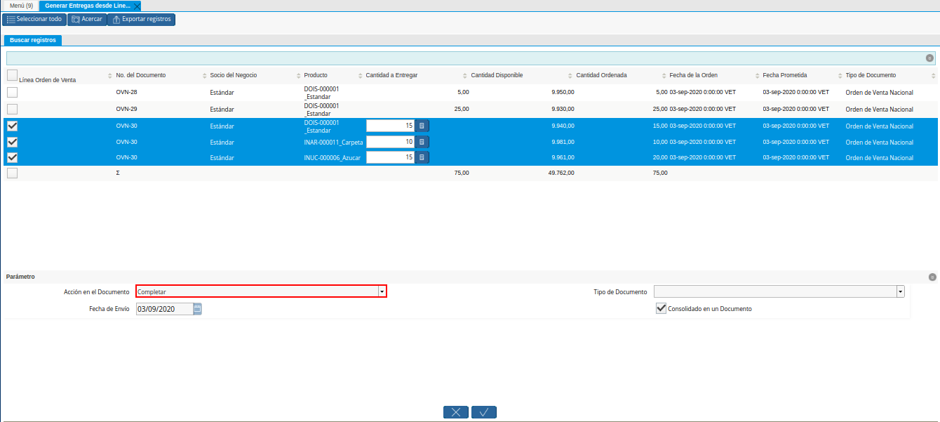 Campo Acción en el Documento de la Ventana Generar Entrega desde Líneas de la Orden