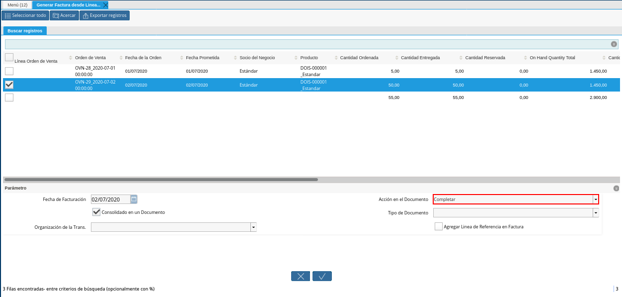 Campo Acción en el Documento de la Ventana Generar Factura desde Líneas de la Orden
