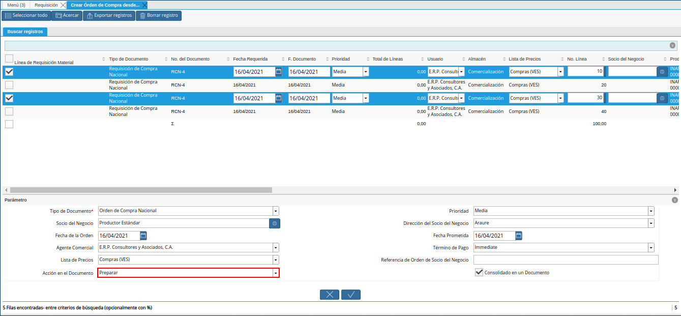 campo acción del documento para la orden de compra