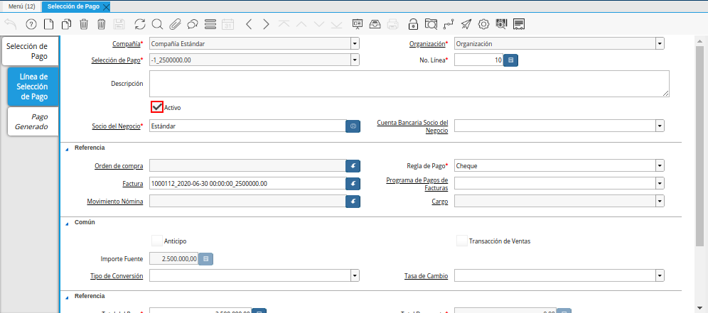 Checklist Activo del Documento Orden de Pago desde Factura
