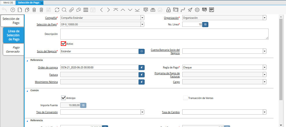 Checklist Activo del Documento Orden de Pago desde Orden