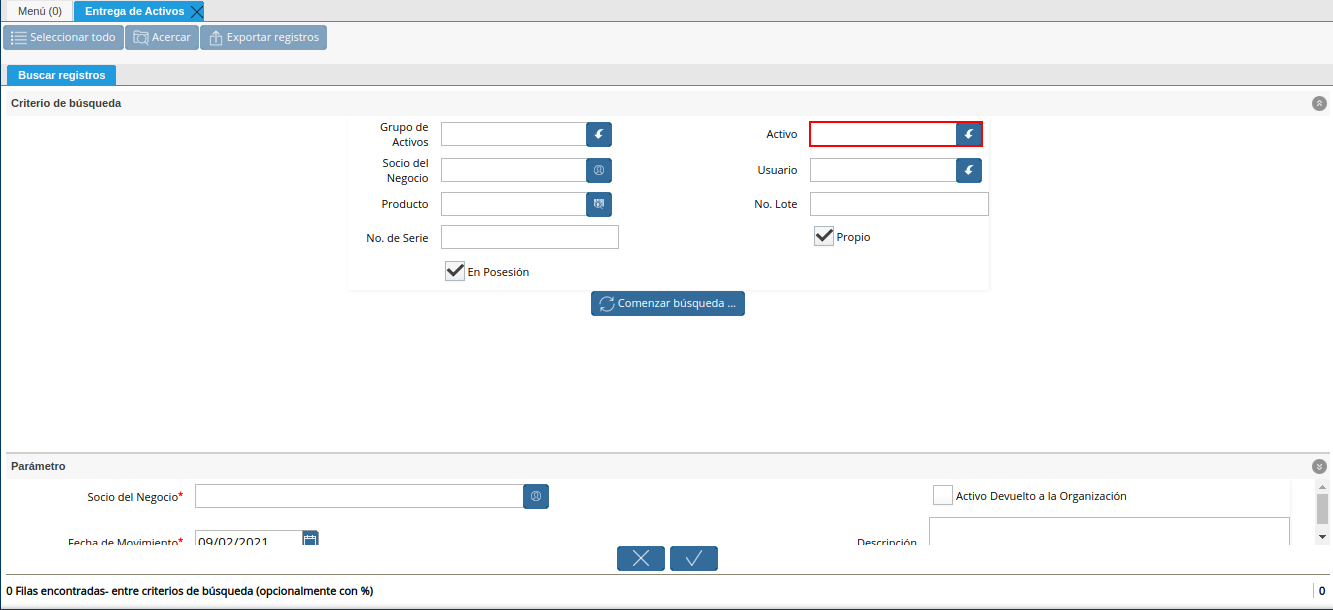 campo activo de la ventana entrega de activos