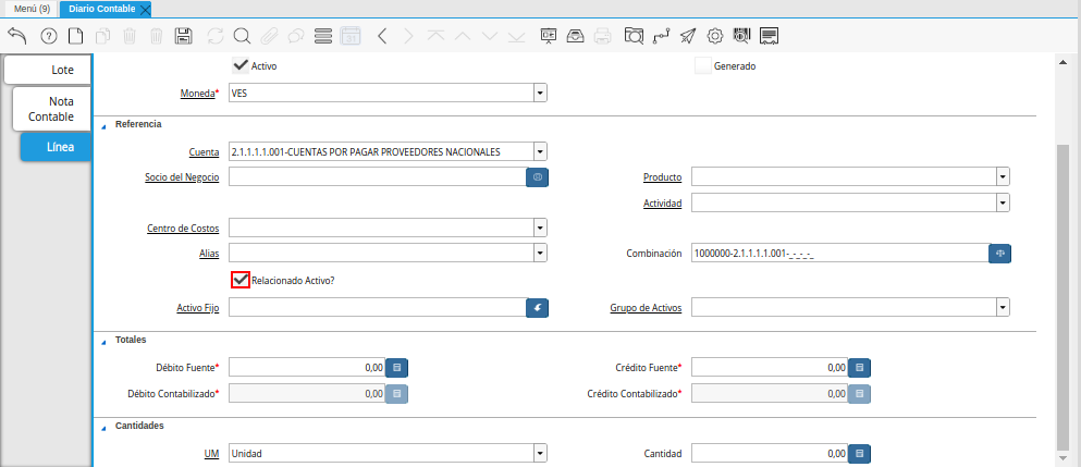 Checklist Relacionado Activo de la Pestaña Línea de la Ventana Diario Contable