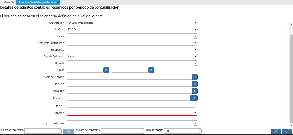 Campo Actividad de la Ventana Asientos Contables por Período