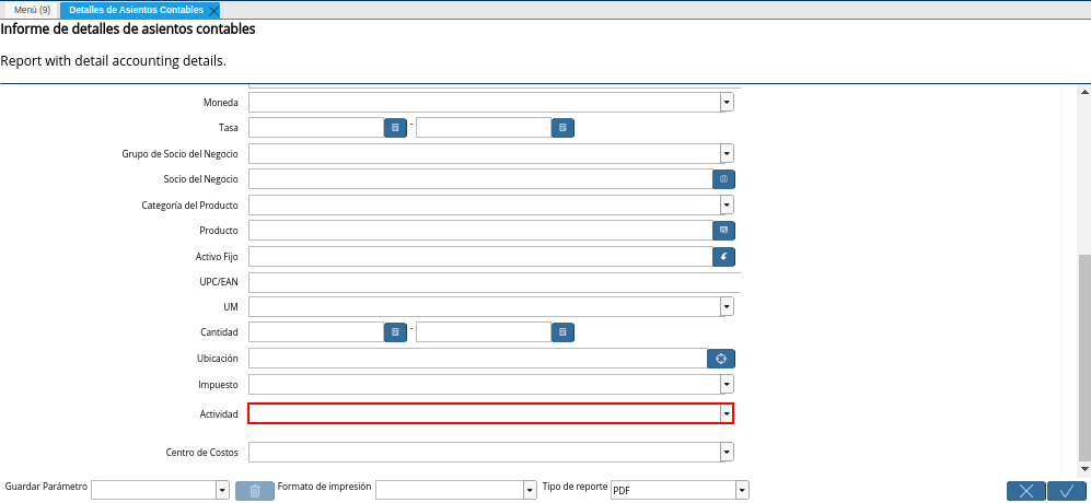 Campo Actividad de la Ventana Detalles de Asientos Contables