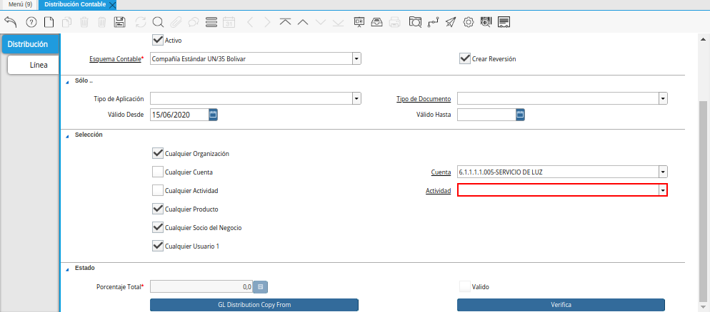 Campo Actividad del Checklist Cualquier Actividad de la Ventana Distribución Contable
