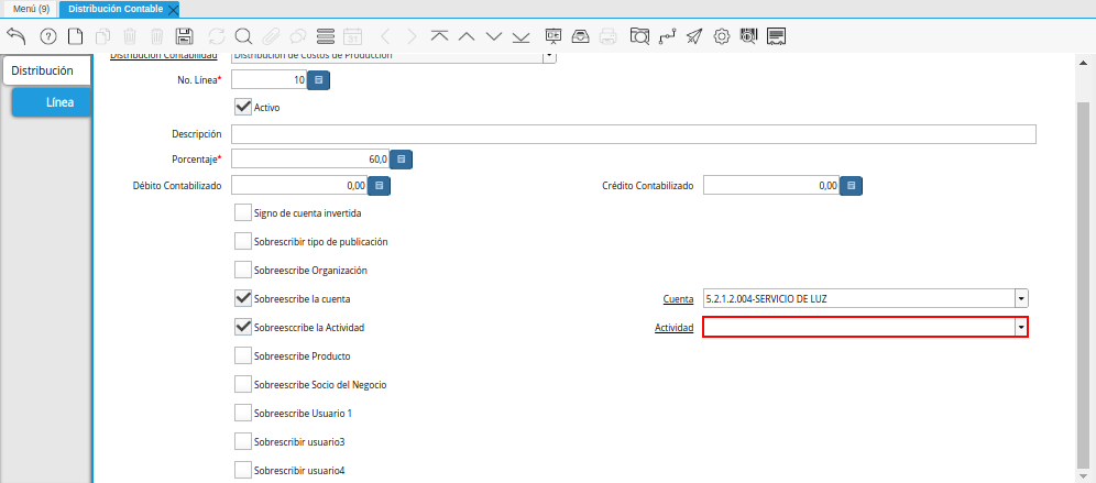 Campo Actividad del Checklist Sobreescribe la Actividad de la Pestaña Línea de la Ventana Distribución Contable