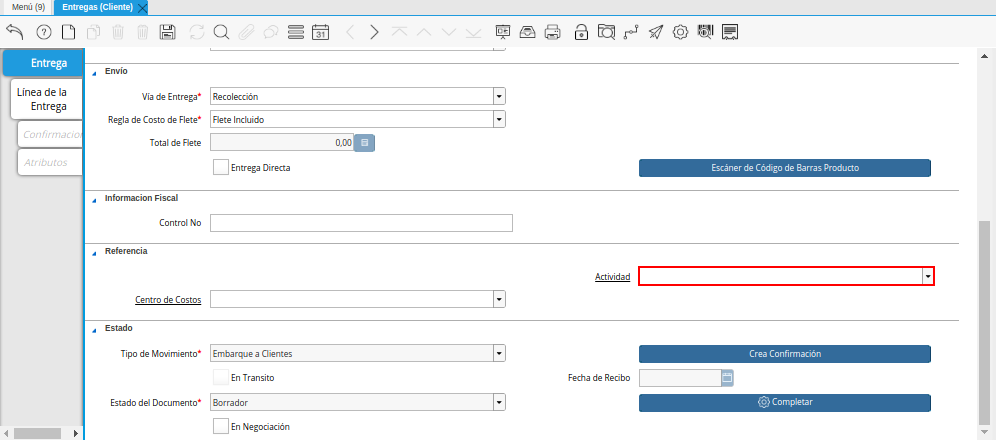 Campo Actividad de la Ventana Entregas Cliente