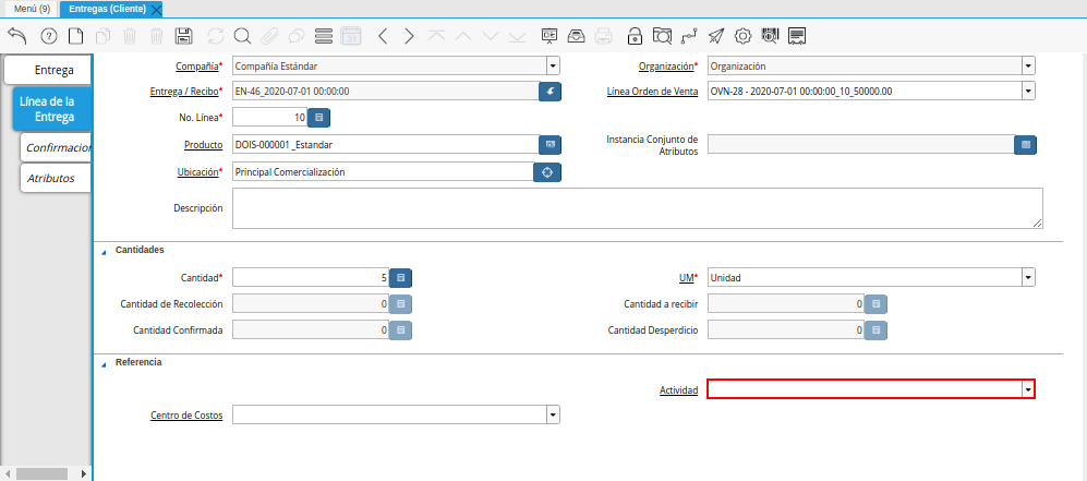Campo Actividad de la Pestaña Línea de la Entrega de la Ventana Entregas Cliente