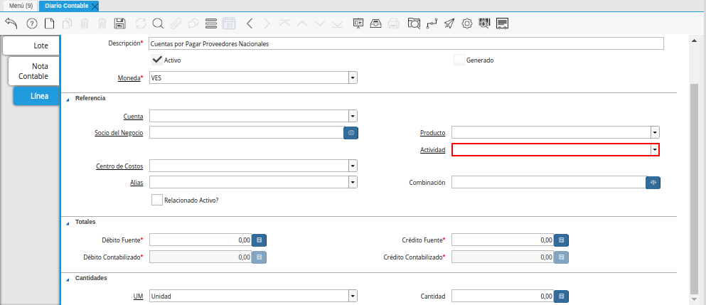Campo Actividad de la Pestaña Línea de la Ventana Diario Contable