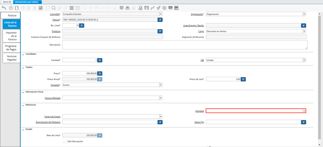 Campo Actividad de la Pestaña de la Nota de Crédito de CxC