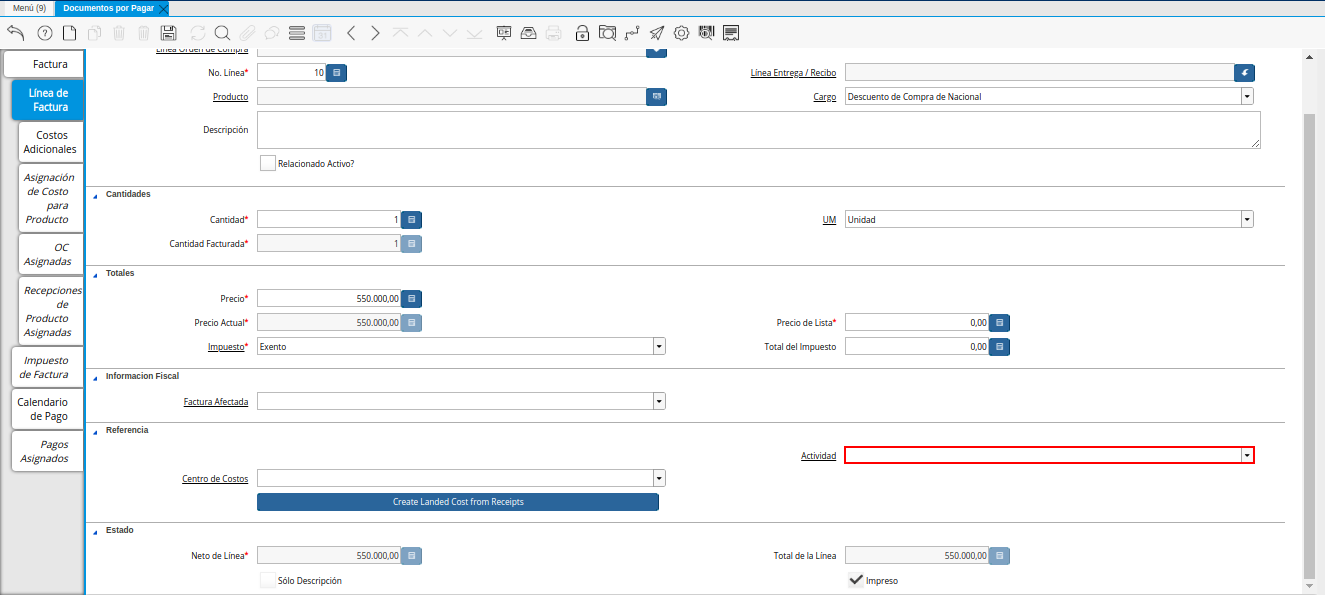 Campo Actividad de la Pestaña Línea de la Factura de la Nota de Crédito de CxP