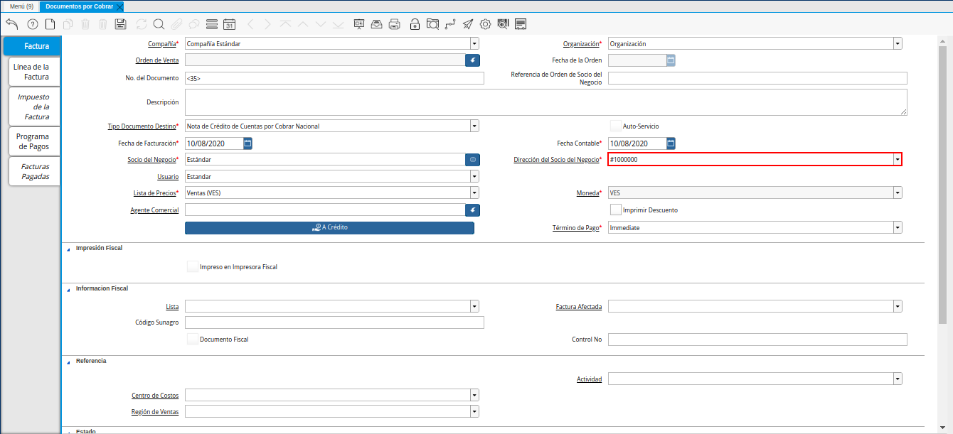Campo Dirección del Socio del Negocio de la Nota de Crédito de CxC