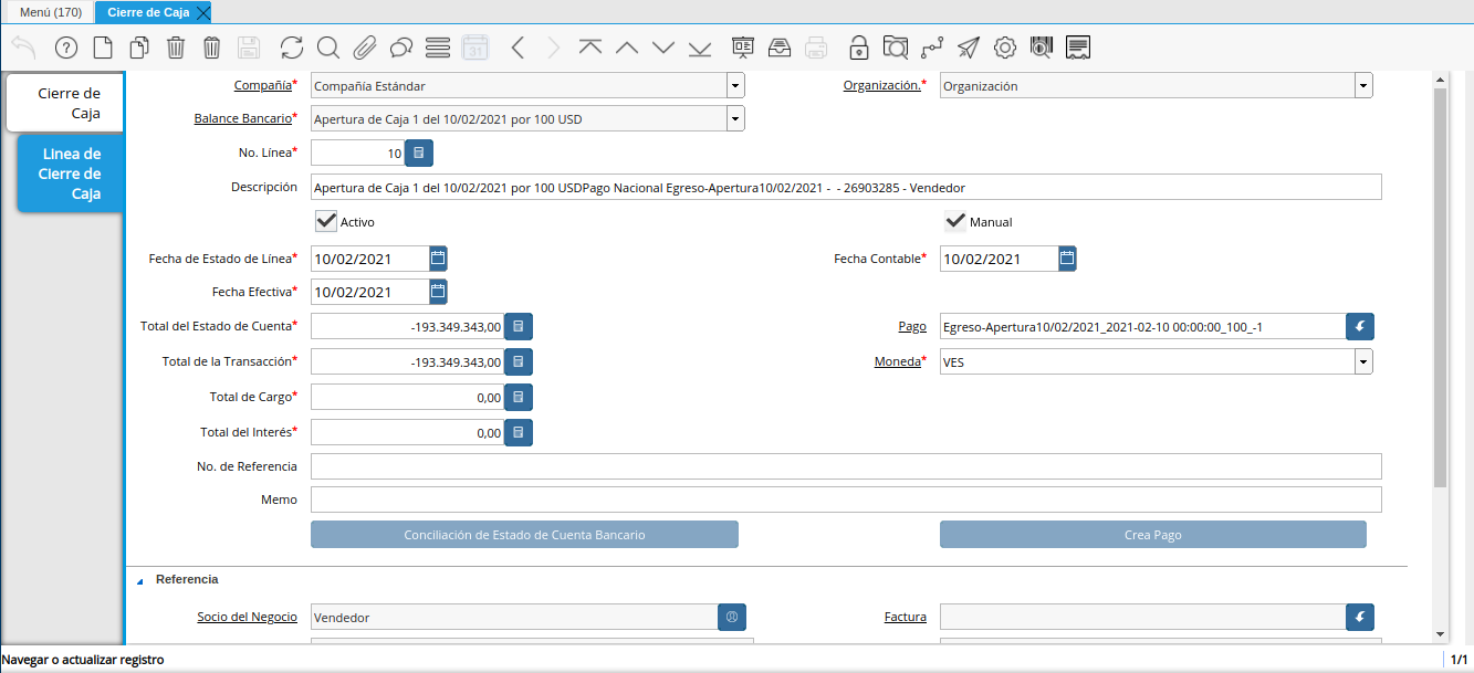 Pestaña Línea de Cierre de Caja Administrativa