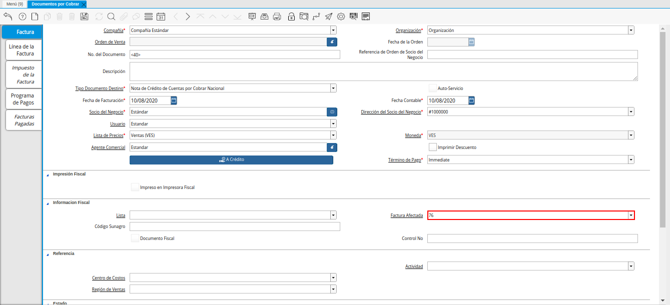 Campo Factura Afectada de la Nota de Crédito de CxC