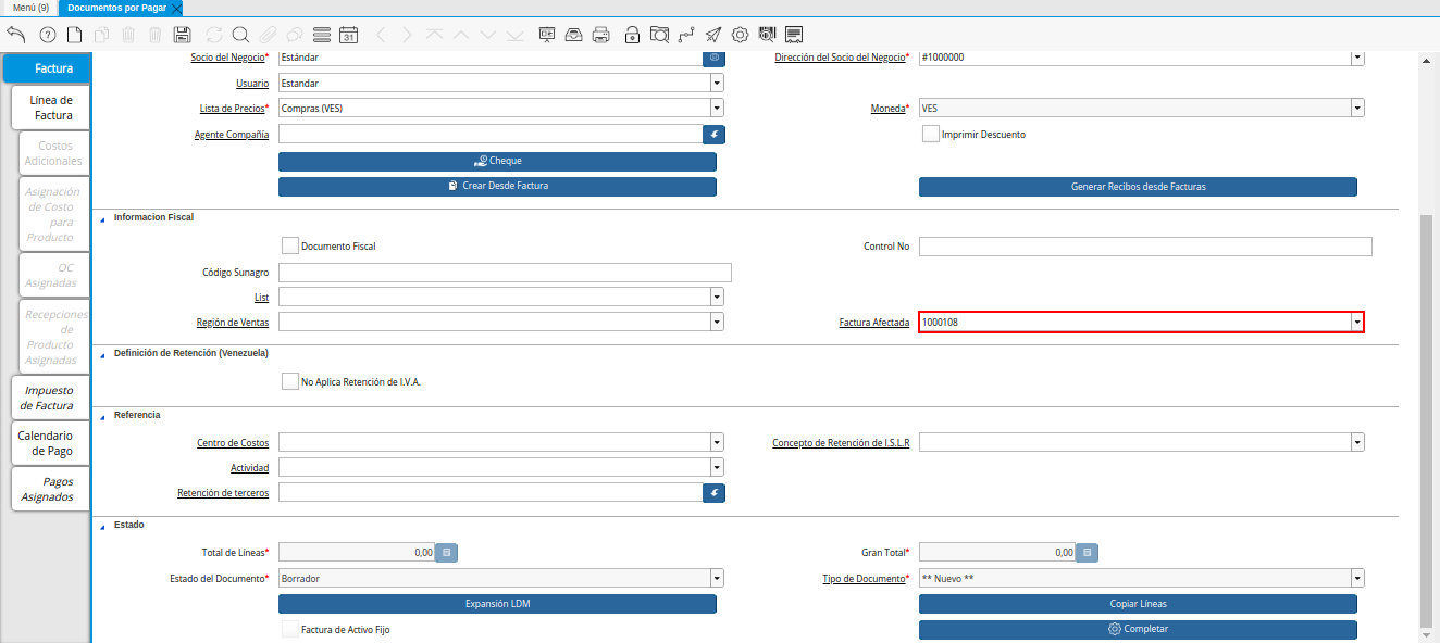 Campo Factura Afectada de la Nota de Crédito de CxP