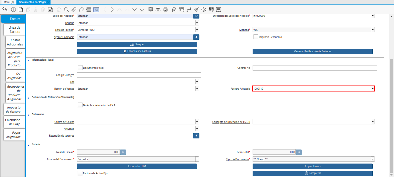 Campo Factura Afectada de la Nota de Débito de CxP