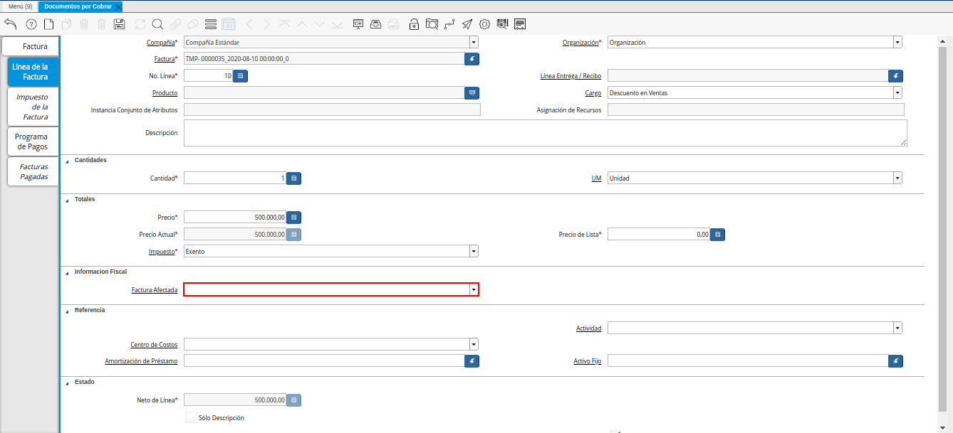 Campo Factura Afectada de la Pestaña de la Nota de Crédito de CxC