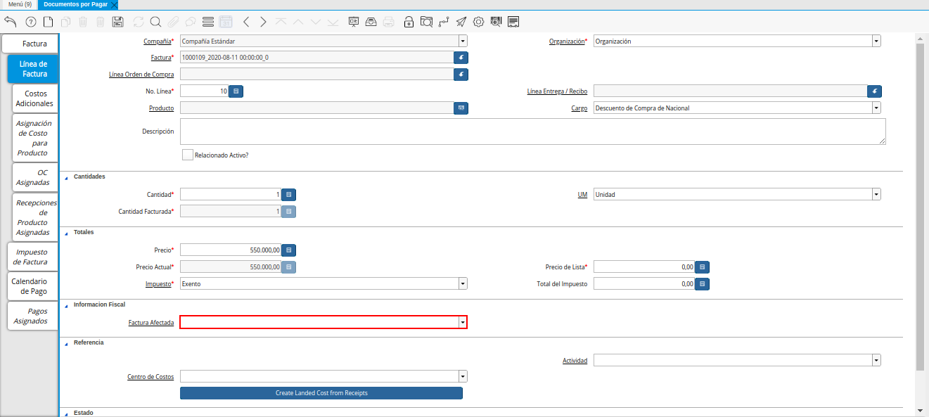 Campo Factura Afectada de la Pestaña Línea de la Factura de la Nota de Crédito de CxP