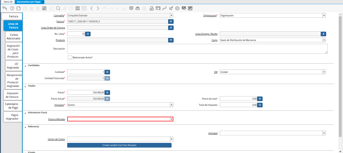 Campo Factura Afectada de la Pestaña Línea de la Factura de la Nota de débito de CxP