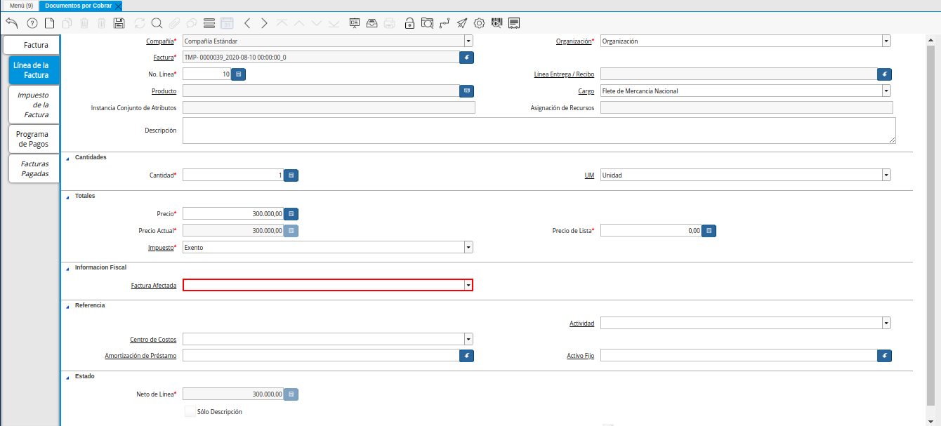 Campo Factura Afectada de la Pestaña de la Nota de Débito de CxC