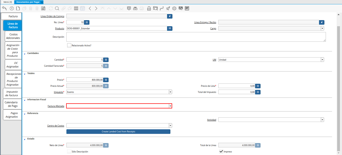 Campo Factura Afectada de la Línea