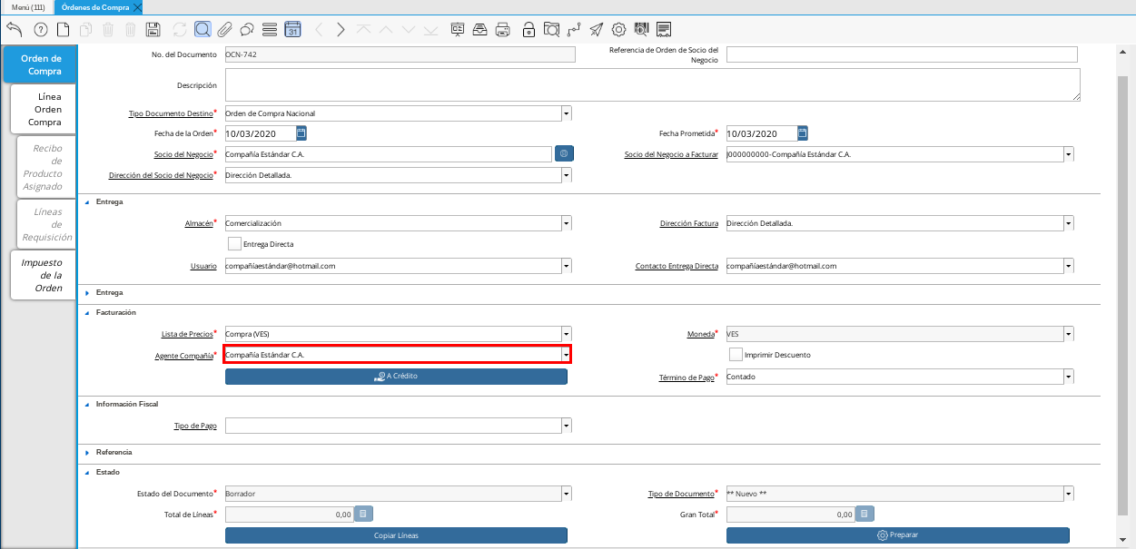 Campo Agente Compañía