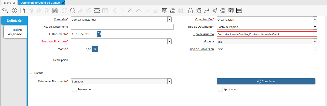 campo tipo de acuerdo de la ventana definición de costo de cultivo