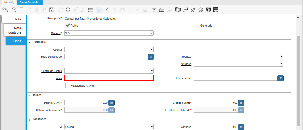 Campo Alias de la Pestaña Línea de la Ventana Diario Contable