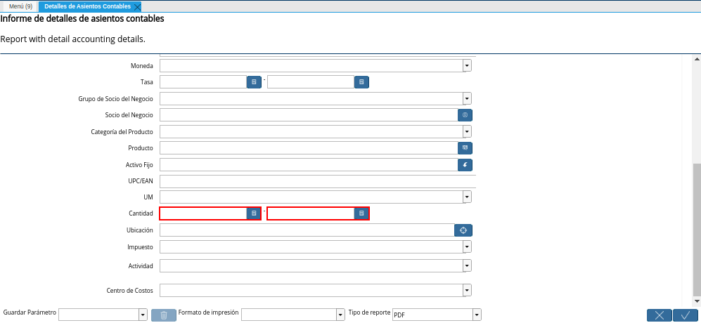 Campo Cantidad de la Ventana Detalles de Asientos Contables