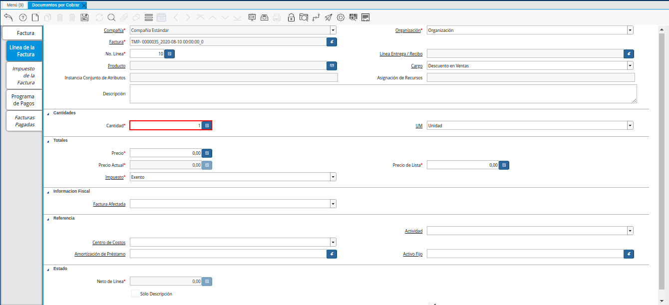 Campo Cantidad de la Nota de Crédito de CxC