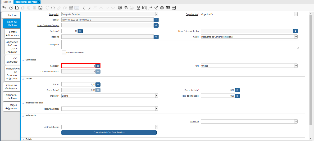 Campo Cantidad de la Pestaña Línea de la Factura de la Nota de Crédito de CxP