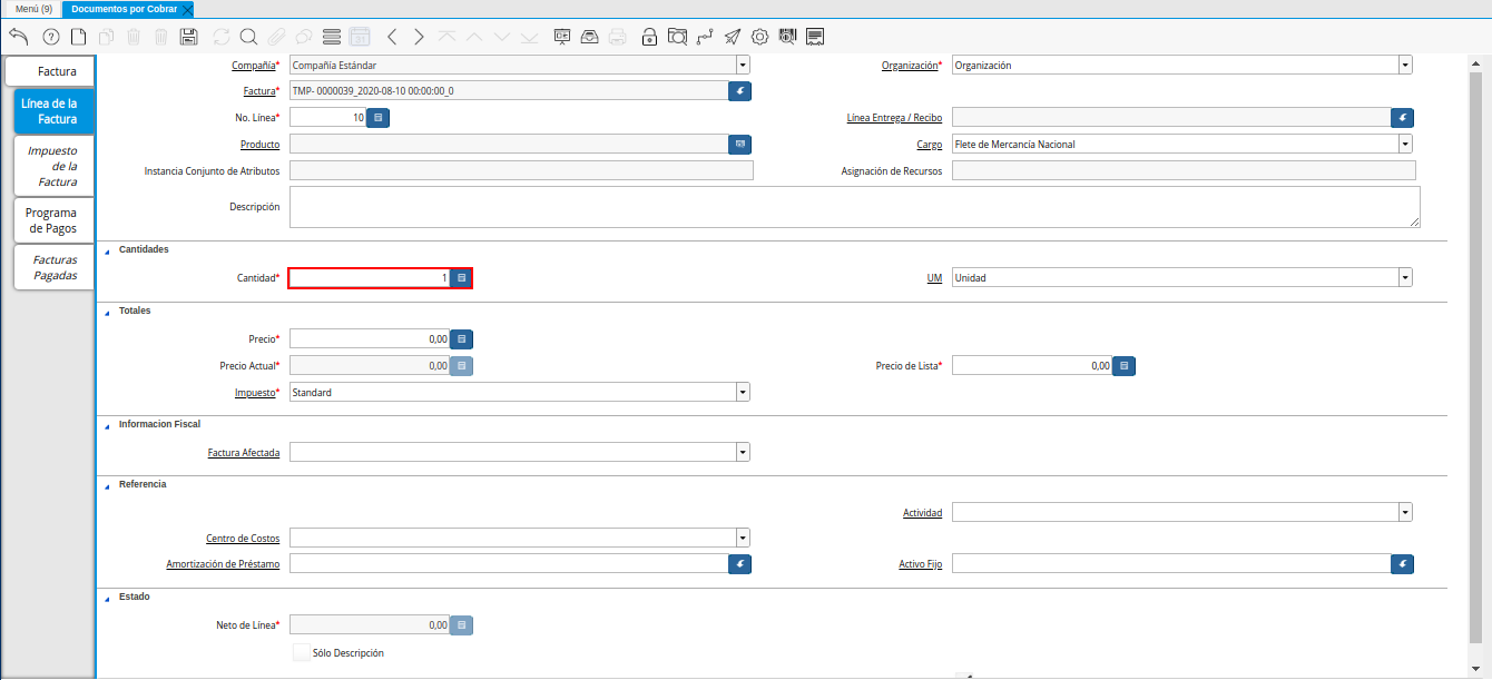 Campo Cantidad de la Nota de Débito de CxC