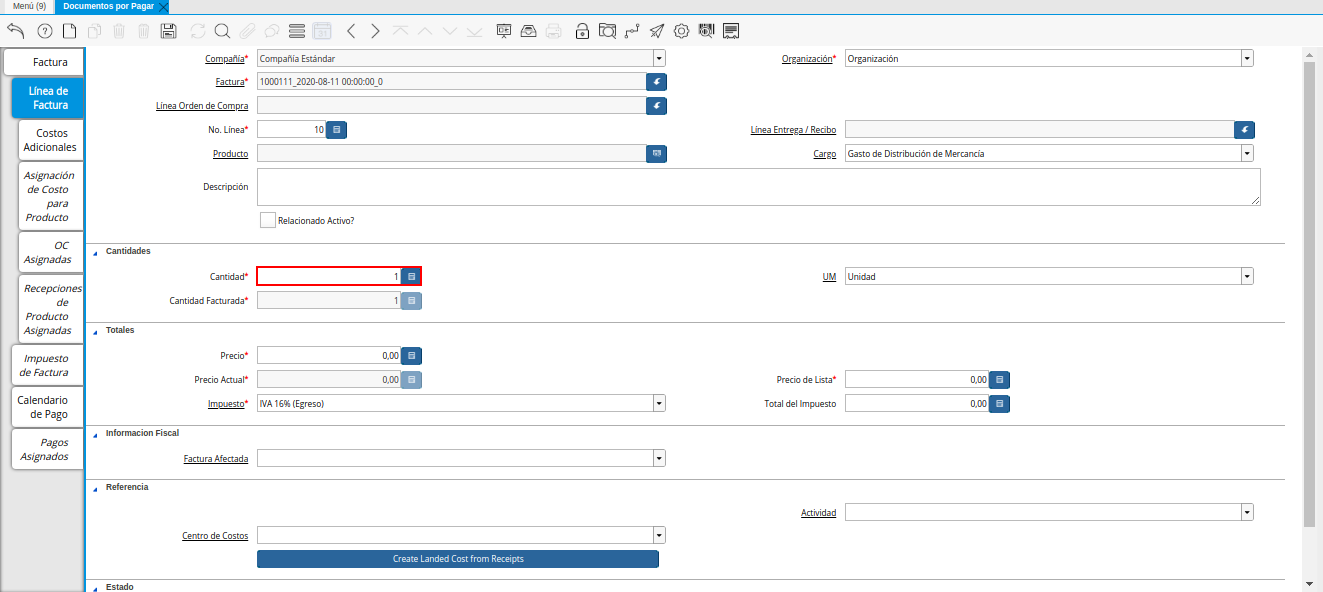 Campo Cantidad de la Pestaña Línea de la Factura de la Nota de débito de CxP