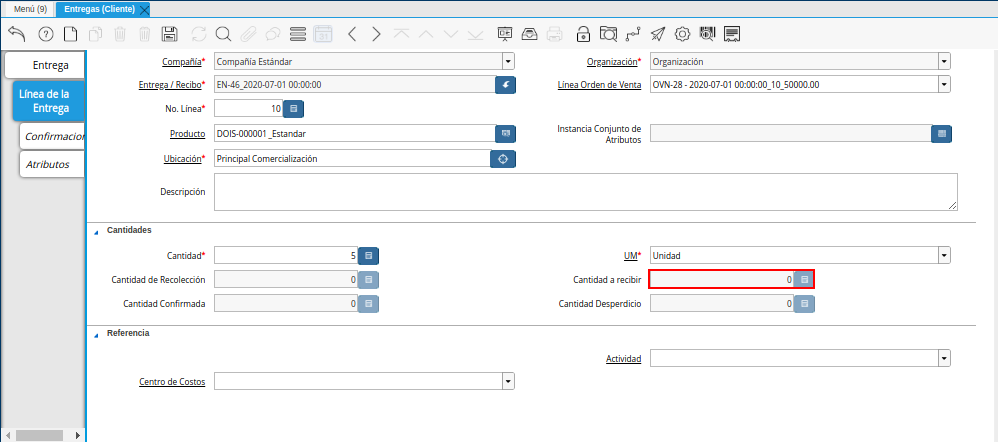 Campo Cantidad a Recibir de la Pestaña Línea de la Entrega de la Ventana Entregas Cliente
