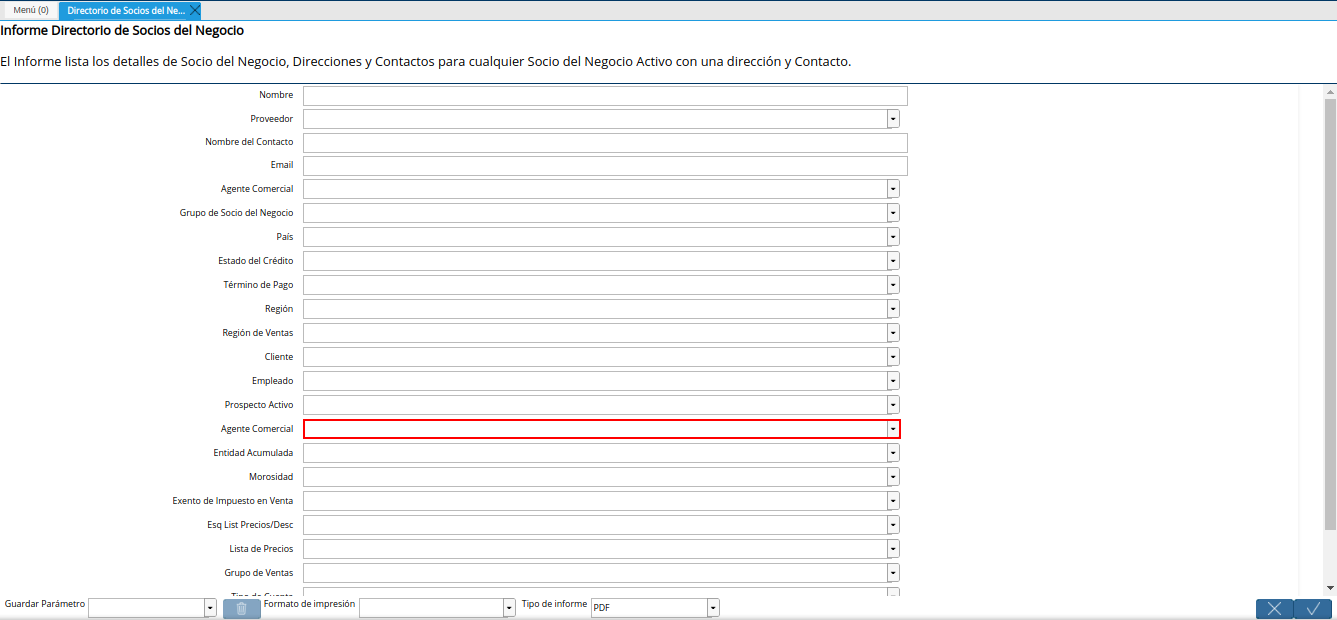 otro campo agente comercial del reporte directorio de socios del negocio