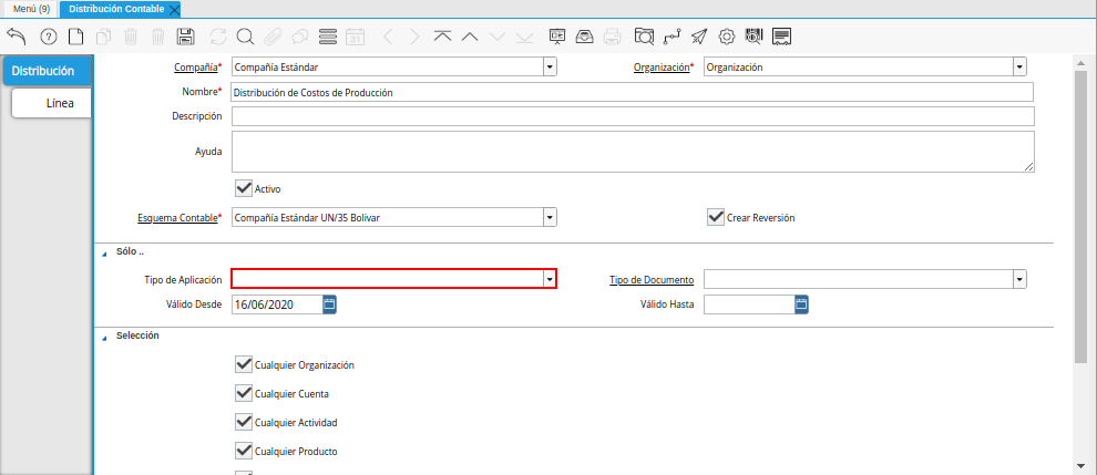 Campo Tipo de Aplicación de la Ventana Distribución Contable