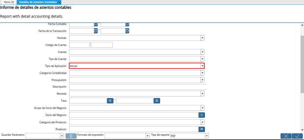 Campo Tipo de Aplicación de la Ventana Detalles de Asientos Contables