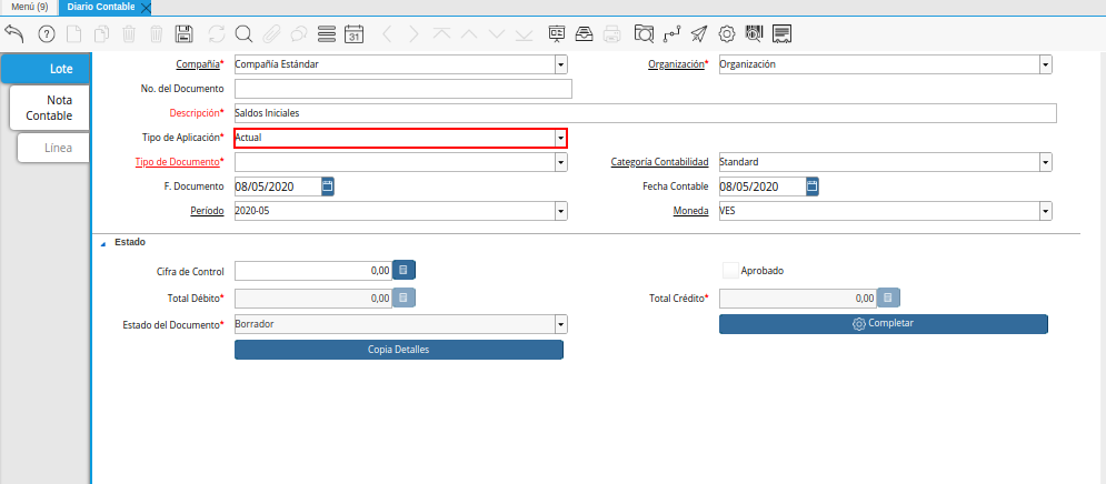 Campo Tipo de Aplicación de la Pestaña Lote Contable de la Ventana Diario Contable