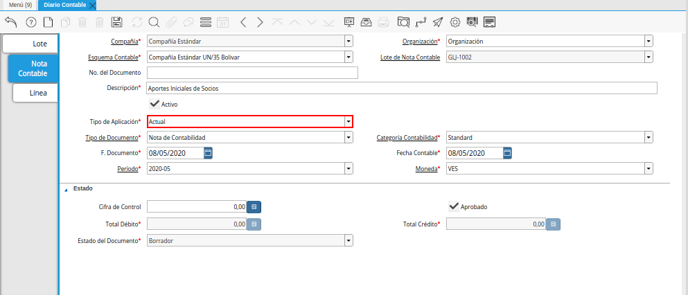 Campo Tipo de Aplicación de la Pestaña Nota Contable de la Ventana Diario Contable