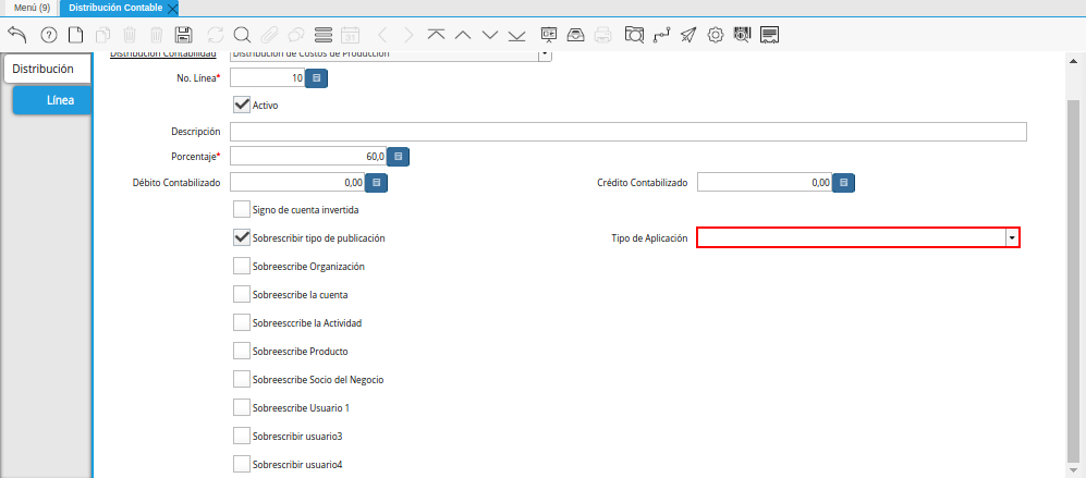 Campo Tipo de Aplicación del Checklist Sobrescribir Tipo de Publicación de la Pestaña Línea de la Ventana Distribución Contable