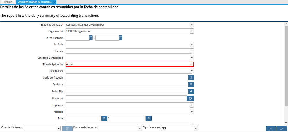 Campo Tipo de Aplicación de la Ventana Asientos Diarios de Contabilidad